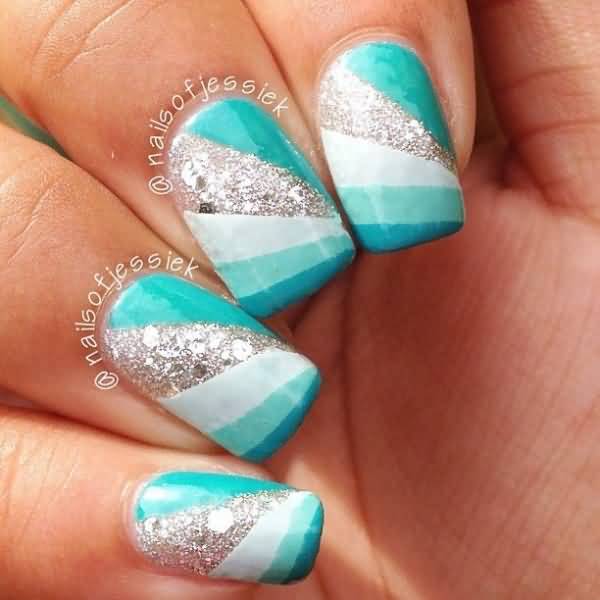 Tremendous Blue And Silver Nails With White Line | Picsmine
